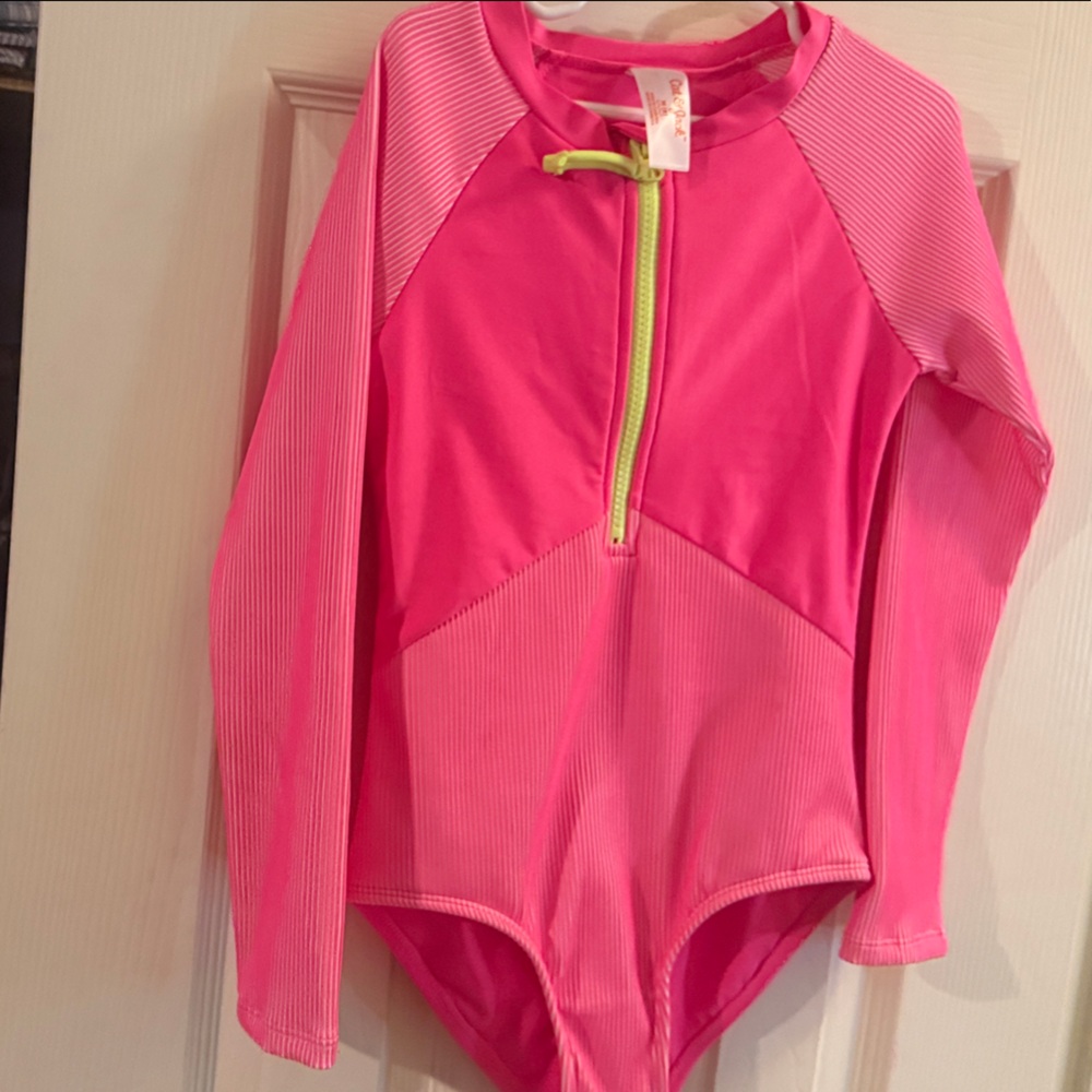 Cat & Jack Girls' Pink Long-Sleeve One-Piece Swimsuit with Lime Zipper
